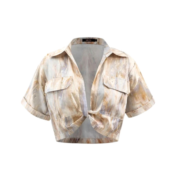 Micas Womens XSmall Multicolor Marble Print Twist Hem V-Neck Pocketed Crop Shirt - Picture 1 of 8